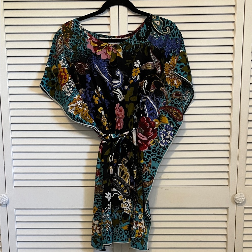 100% Silk Floral Paisley Tie-Waist Blouse Tunic - Black & Teal